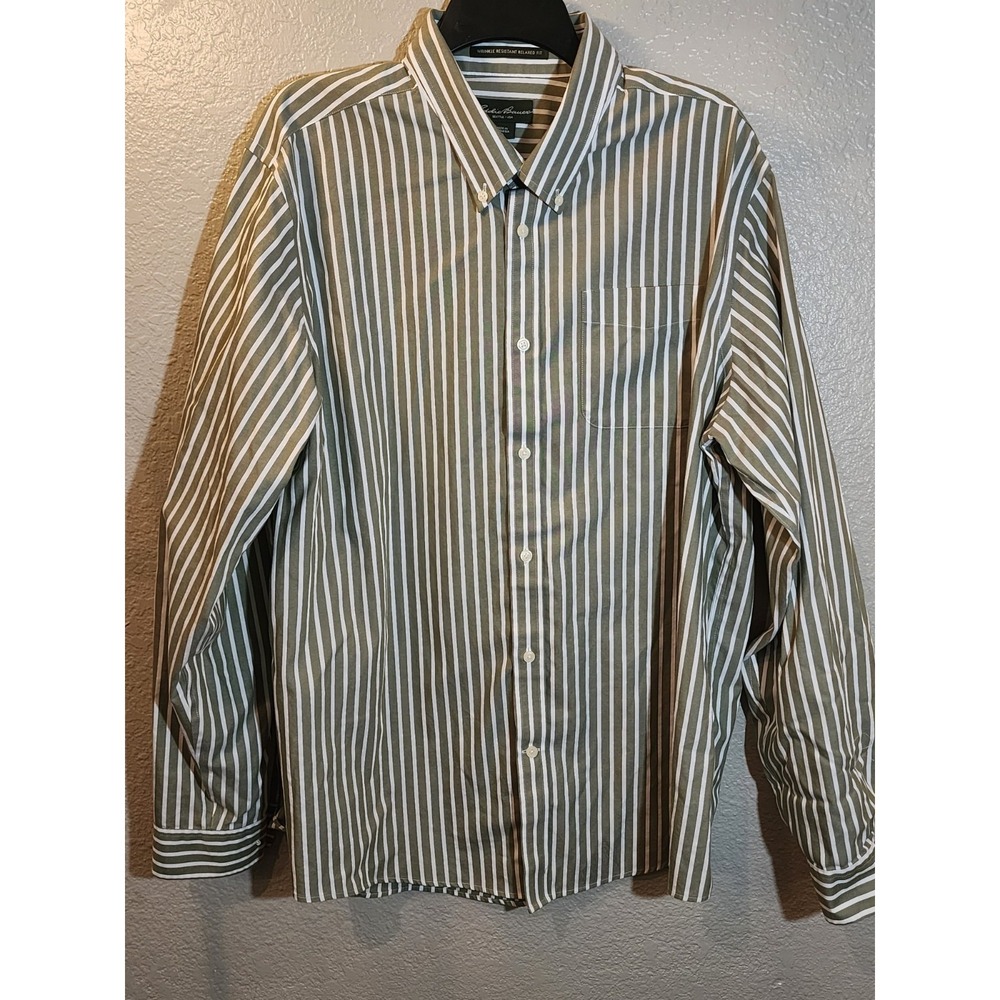 Eddie Bauer Men's Long Sleeve Olive Green Stripe Dress Shirt‎ Size 2XL XXL